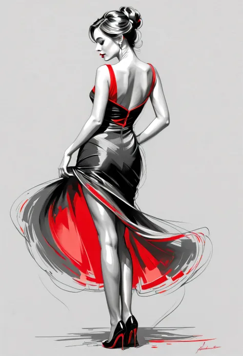  pencil sketch drawing , Art Line drawing ,  uma linda mulher elegant,  wearing tango dress  ,  (  his silhouette outlined with bright red  ). (  Vladimir Volegov style  :1.1). ( his silhouette outlined with bright red).   red white in the color palette gr...