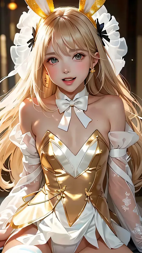 ((Upper Body)) ,((Upper Body head close-up shot of a beautiful )), , Elegant Long straight blonde hair, (Mckenna Grace), ((flat chest,thighs,Autoluminescence Black skin)), (white) golden (Ultra glittering transparent tutu,long Bunny Ear Headgear, , Bow-tie...