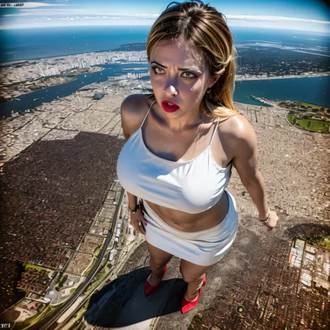 Turned into a giant walking over the city of Buenos Aires and Ella wears a very tight short white latex skirt,  with a white latex bikini ,  holding huge breasts , wearing white heels , ella tiene una panza de embarazada de 9 meses muy grande y muestra su ...