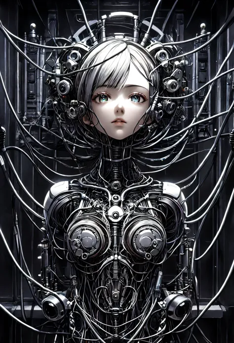 (masterpiece, Top Quality, best quality, official art, beautiful and artistic:1.2), (Wires and cables to attach to 1 android girl:1.3), extremely detailed,colorful,Most detailed ((super detailed)), (highly detailed CG illustrations), ((very delicate and be...