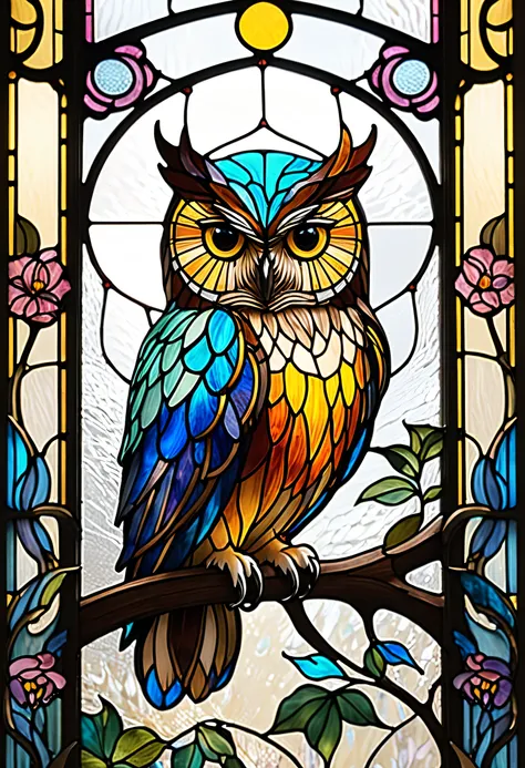 colorful owl close-up、Stained Glassアート、Stained Glassスタイル、sparkling stained glass background、owl-themed、colorful stained glass、gothic stained glass style、backlit stained glass、complex stained glass、Stained Glass、psychedelic owl、inspired by Louis Comfort Tif...