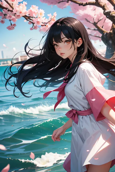  one girl,    black hair,  Floating hair with bangs flowing on one side, Seaside,景color,landscape, cherry blossoms,   Falling petals  , sunlight,god&#39;s Raise, upper body,  color,  dress ,  kimono