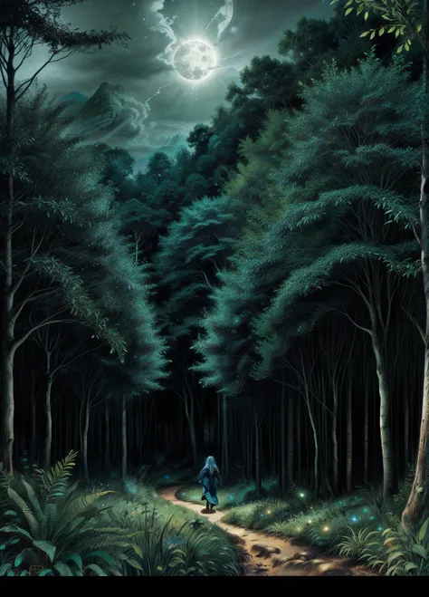 a magical enchanted forest, full moon rising from behind the hills, people wandering through the lush greenery, beautiful detailed eyes,beautiful detailed lips,extremely detailed eyes and face,longeyelashes, fantasy landscape, moody lighting, dramatic shad...