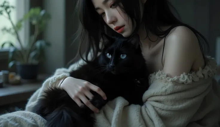 Naked Japanese woman sits with legs spread and holds a black cat with blue eyes