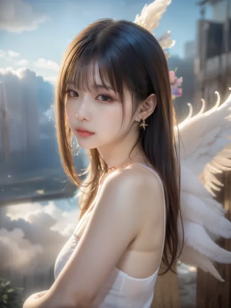 (((Big Angel)))、angel、god々Shining light、(((background above clouds)))、((Angel's Costume))、the light of god、Angel's big wings、Beauty、 cute、20 years old、Beauty、 best quality,4K,8k, high definition ,masterpiece:1.2), super detailed,((( realistic ,photo realis...