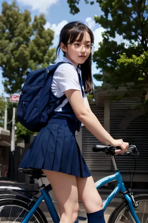 masterpiece,8k,Blue sky background,((Side view of a female middle school student riding a bicycle)), Beautiful Legs,,(( navy blue pleated micro mini skirt )),navy blue student vest,((navy blue high socks above the knee)),sneakers,  Carry A Backpack,flatter...