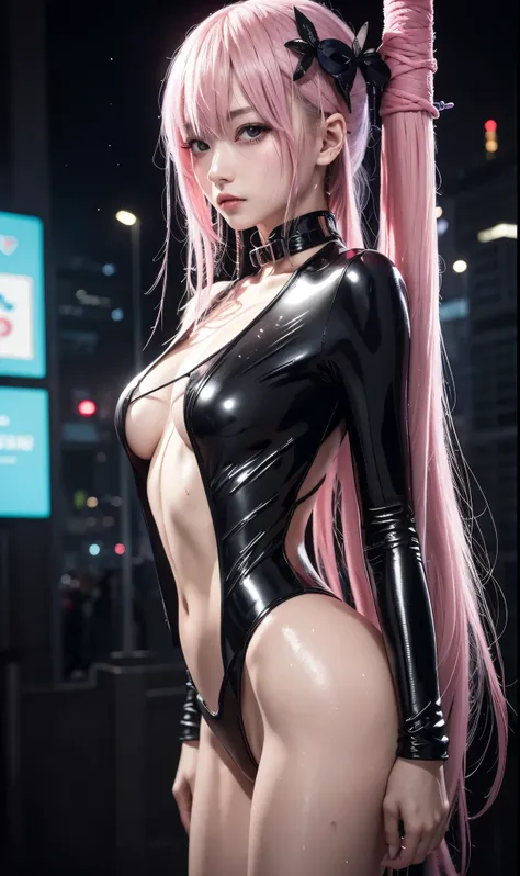 Best Quality、surreal、perfect anatomy、crowded busy street、 Carrying 、crowd、Wet and shiny white skin、Sweat dripping all over my body、 Slender Model Figure 、 ahegao、silver and pink hair 、wet、Super small face、collar and lead、big chest、 Cyberpunk City、photo sho...