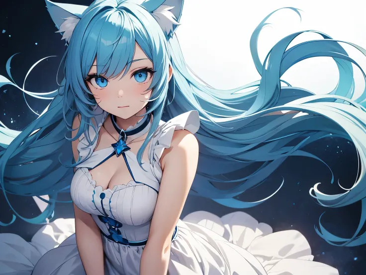 Anime girl character with blue flowing hair, blue eyes with cat ears and wearing a dress, with a background