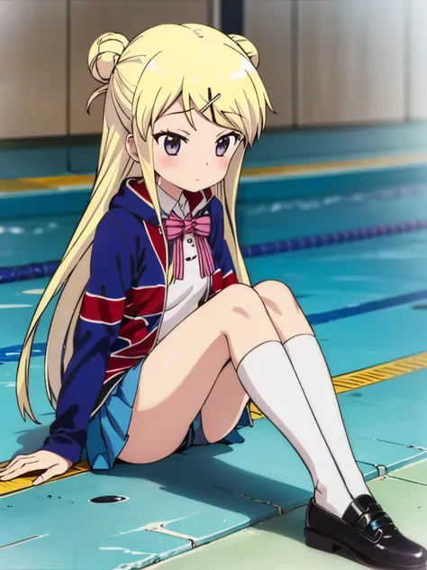 1girl with thick thighs in a miniskirt sitting poolside solo KUJO KAREN UNION JACK JACKET, STRIPED BOW, WHITE SHIRT, LONG SLEEVES, PLEATED SKIRT, BLUE SKIRT, KNEEHIGHS Karen's face, knees, and thick thighs