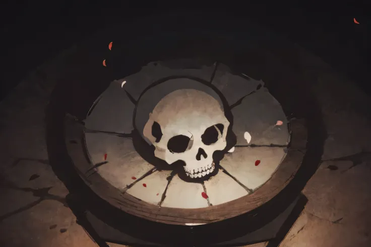  Darkness,white round desk in the middle,human skull placed on the desk,twilight shining in from above, Comic Style, illustration style,Best Quality,4K,ultra-fine paint,Photographic Reality,Professional,vivid colors,Bokeh,dark tones,dark fantasy,Digital Ar...