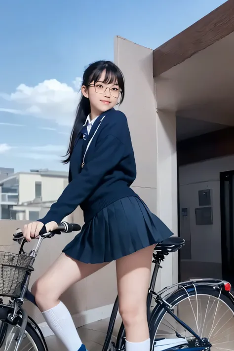 masterpiece,8k,Blue sky background,((View of a female middle school student on a bicycle from below)), Beautiful Legs,,(( navy blue pleated micro mini skirt )),Navy blue sweater ,((navy blue high socks above the knee)),sneakers,  Carry A Backpack,flatter,d...