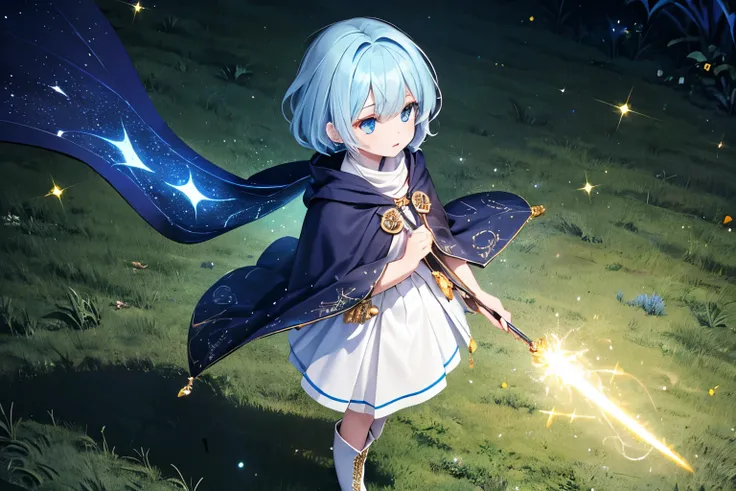 1girls, 1boy, light blue hair, short hair, pixie cut, (wavy hair), light blue eyes, small breasts, (((light blue short Muffler cloak))), (white shirt), (white skirt), (blue and white boots), (((Glowing Blue jeweled wand))), from diagonal, looking away, (((...