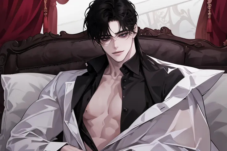 male, solo, adult, pale_skin, fair_skin, muscular, tall,black hair, No decoration, (mullet hair), loose shirt, black eyes, tsurime, slanted_eyes, smile, illustration, lying,hair_tucking, ((unbuttoned_shirt)),bedroom,bed sheet,pillow,mattress,upper_body, (m...