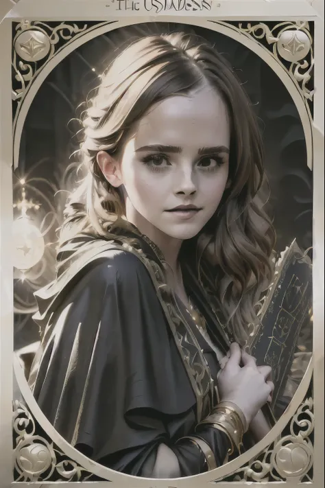 (absurdres, highres, ultra detailed) A tarot card-style portrait of Emma Watson with wavy chestnut brown hair and warm brown eyes, wearing an elegant black and gold sorceress robe, intricate golden embroidery, a mystical aura around her, holding an ancient...