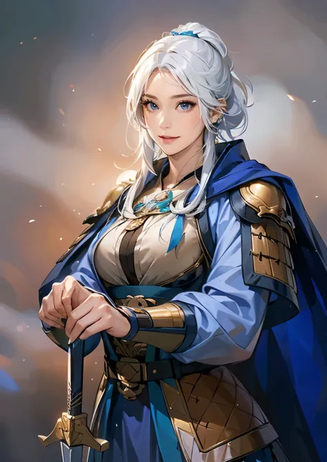 (((Maintain color ))), ((( picture style maintenance ))), ((Maintain the composition)), (((No background changes))),  attractive woman , perfect face, ((black eyes)), ((white hair)), (big boobs), (( Exposing Breasts)), armor,  small smile , knife을 지팡이처럼 잡는...