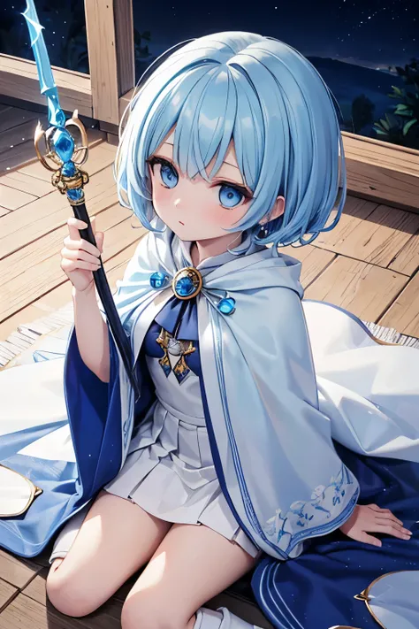 light blue hair, short hair, pixie cut, (wavy hair), light blue eyes, small breasts, (((light blue short Muffler cloak))), (white shirt), (white skirt), (blue and white boots), (((Blue jeweled wand))), Head pat, from above, pov, Settlement, night