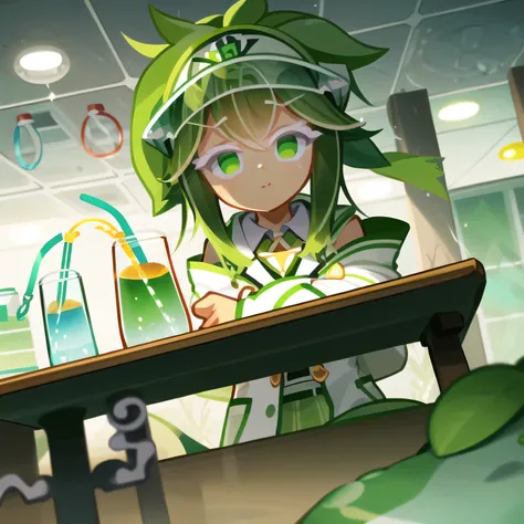 chemist girl, green hair , Green visor、white coat, Alone, Laboratory