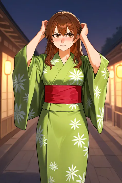 Angry anime woman, very fat, long brown hair, very small brown eyes, very very big nose, very fat, wearing a green Japanese traditional costume