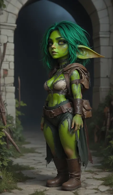 full shot of a short goblin slave girl with green skin, dirty face and body, bright green hair, attractive body, slave chain collar on her neck, her clothes are worn out and ripped, green skin color, medieval background