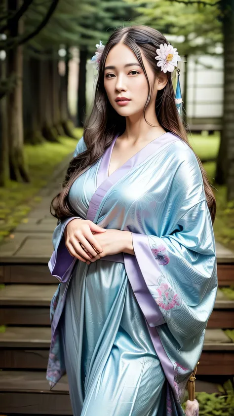 A seductive and mysterious girl with long dark hair, dressed in traditional Japanese clothing, standing in a moonlit forest. The illustration is inspired by the character Ragawa Kiriko from the manga series "Akatsuki no Yona". The artwork is highly detaile...