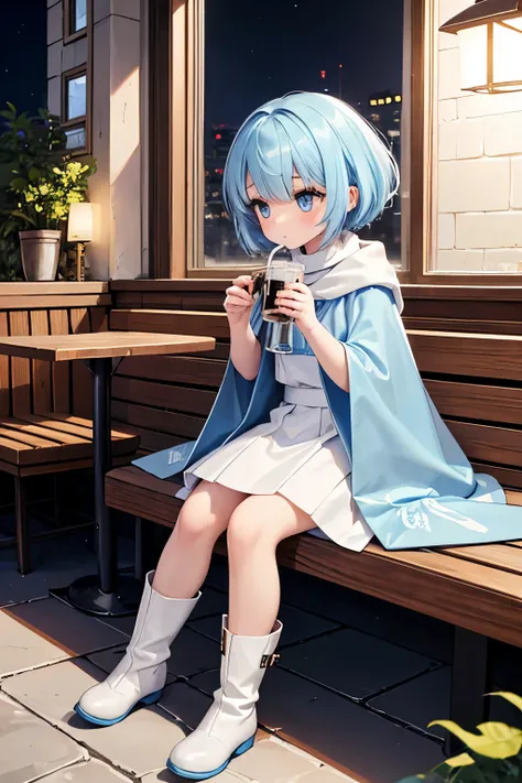 light blue hair, short hair, pixie cut, (wavy hair), light blue eyes, small breasts, (((light blue short Muffler cloak))), (white shirt), (white skirt), (blue and white boots), sit, drinking milk, from diagonal, looking away, Settlement, cafe, night