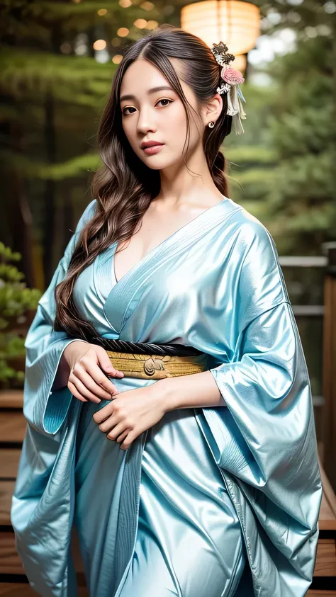 A seductive and mysterious girl with long dark hair, dressed in traditional Japanese clothing, standing in a moonlit forest. The illustration is inspired by the character Ragawa Kiriko from the manga series "Akatsuki no Yona". The artwork is highly detaile...