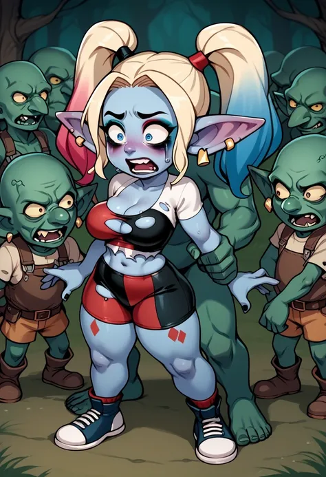 Harley Quinn being transformed into a smurf. GobGirl, shrinking, blue skin, extra short, 6 inches tall, long ears, piercings, blue skin, monster_girl 1girl, round ears, goblin, shortstack, breasts, earrings, ripped clothing, surprised, embarrassed, moaning...