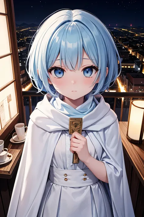 light blue hair, short hair, pixie cut, (wavy hair), light blue eyes, embarrassed, closed mouth, small breasts, (((light blue short Muffler cloak))), (white shirt), (white skirt), (blue and white boots), looking at viewer, from above, pov, upper body, Sett...