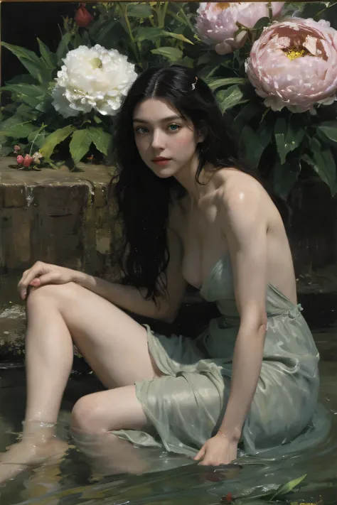 (oil painting:1.5),
\\
a woman with (long curtly hair ), ((green eyes)) is lie on the ground, peony, in water, (amy sol:0.248), nude , with  dress,  (stanley artgerm lau:0.106), (a detailed painting:0.353), (gothic art:0.106)