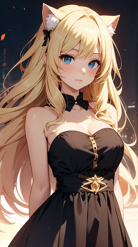 Anime girl character with flowing blonde  hair, with cat ears and wearing a dress, with a background