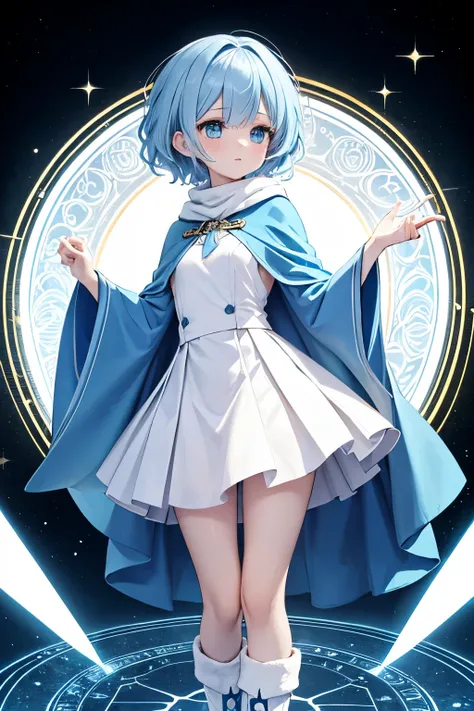 light blue hair, short hair, pixie cut, (wavy hair), light blue eyes, small breasts, (((light blue short Muffler cloak))), (white shirt), (white skirt), (blue and white boots), standing, from diagonal, looking away, On top of the magic circle, temple