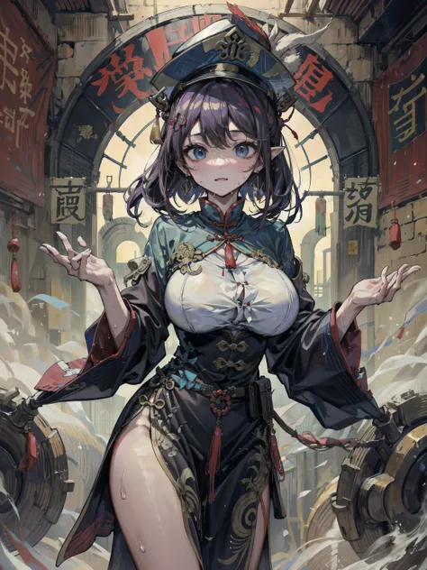 earring, large breasts, narrow waist, short hair, wavy hair, hair behind ear, half updo, black hair, sweat, cowboy shot, jiangshi, qing guanmao,