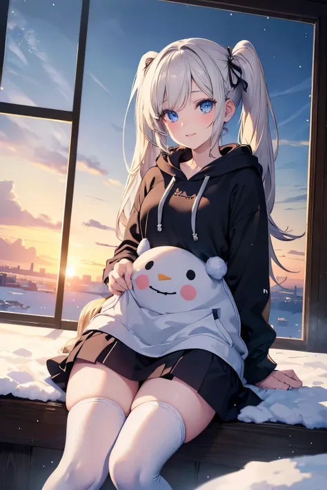 Best Quality、high quality、knee socks、Cute anime style girl、twin tails、 hoodie、full body visible、I'm making a snowman while watching the snowy landscape