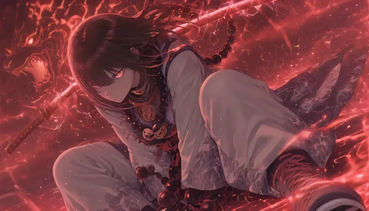 Score_9,score_8,score_7,score_7,score_6_up, source_anime, 1girl, sitting, stylishwear, stylish sneaker,cool wallpaper,(detailed face and eyes), katana,(ancient katana),shaman,(giant prayer beads necklace), masterpiece, Japanese pattern anime style, dynamic...