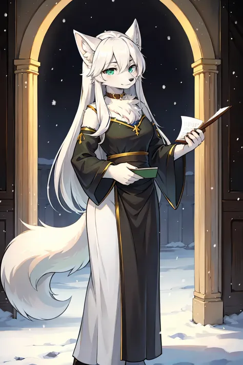 Samoyed，Snow Fox， White Wolf，Costume style，Holding a fan，Dark green pupils ，silvery white and dark grey fur， long hair to the waist，Ancient female poets、Philosopher ， knowledgeable ，, literati and painter、, well-mannered