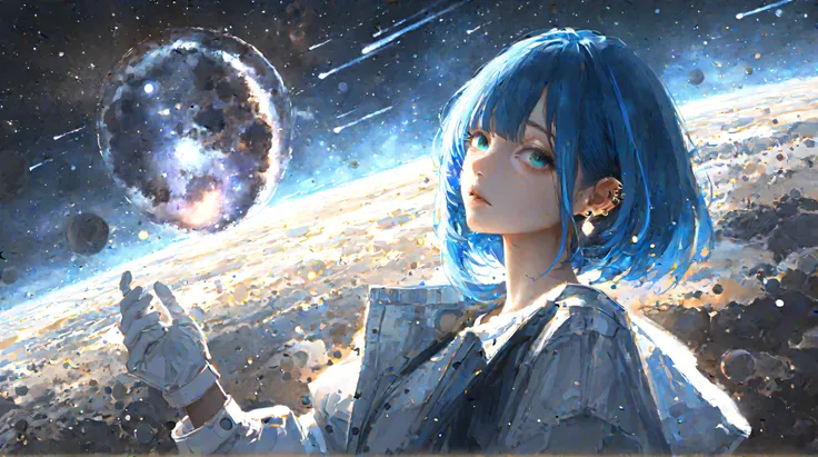 "Best quality, masterpiece, absurdres, newest, (atnr style, realistic), solo, jewelry, earrings, 1girl, textured multicolored background, fully blue hair, elegant white gloves, looking at viewer, short hair, soft and immersive cosmic setting, bangs, single...