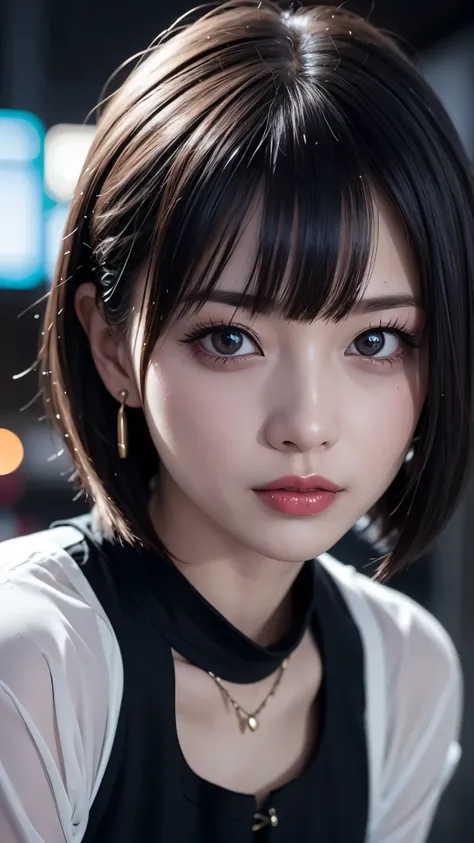 Gray Hair, Silver Hair、eyes of gold,gothic punk outfit、 looks up, upper body,Fair skin,(realism:1.5、realistic、Photorealistic)、black、earrings、amount、 Gothic Skirt 、gothic punk outfit,  One Woman 、solo, short hair, ((Midnight、Neon Town )), Watch viewers,  sh...