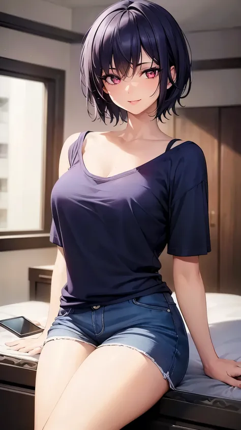 I'm wearing a t-shirt and shorts in my modern apartment、sexy girl with short dark blue hair with red eyes wearing a t-shirt and shorts in a modern apartment