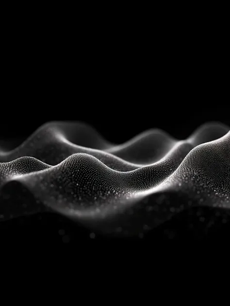 A visually stunning technology backdrop featuring an intricate silver particle network, smoothly curving into a mesmerizing wave pattern on a pure black background. The interplay of light and depth enhances the sleek, high-contrast corporate aesthetic. Ult...