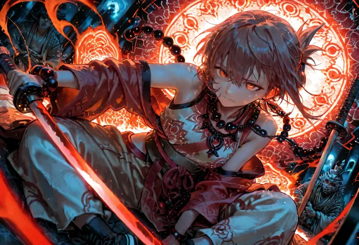 Score_9,score_8,score_7,score_7,score_6_up, source_anime, 1girl, sitting, stylishwear, stylish sneaker,cool wallpaper,(detailed face and eyes), katana,(ancient katana),shaman,(giant prayer beads necklace), masterpiece, Japanese pattern anime style, dynamic...