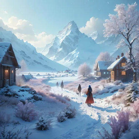 snowy scene of a village with a person walking in the snow, 4k highly detailed digital art, beautiful digital artwork, 4k hd matte digital painting, beautiful art uhd 4 k, beautiful oil matte painting, fantasy matte painting，cute, inspired by Evgeny Lushpi...