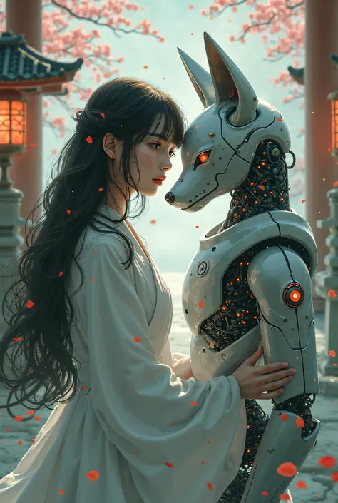  A Japanese Shinto priestess with black hair and green eyes kissing a robot Kitsune.
