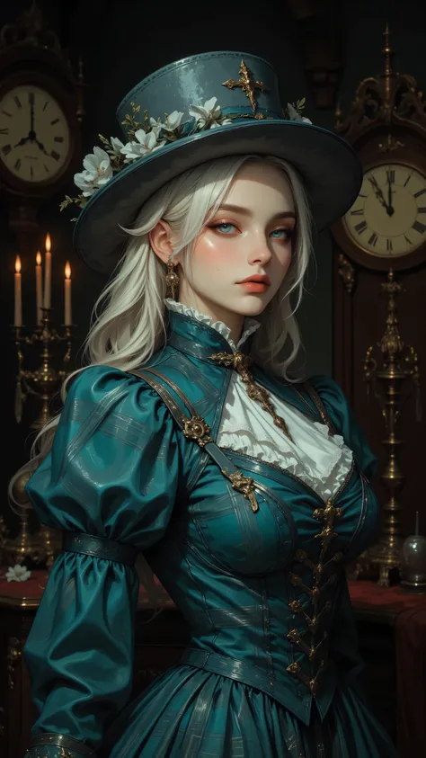 8k, Masterpiece, Top Quality, Close-up, frontal viewpoint.  Platinum blonde hair, light blue eyes, serene expression.  Teal plaid dress, high neckline, puffed shoulders, Victorian style, large gray top hat.  Straight pose, slight upward gaze.  Dark backgro...