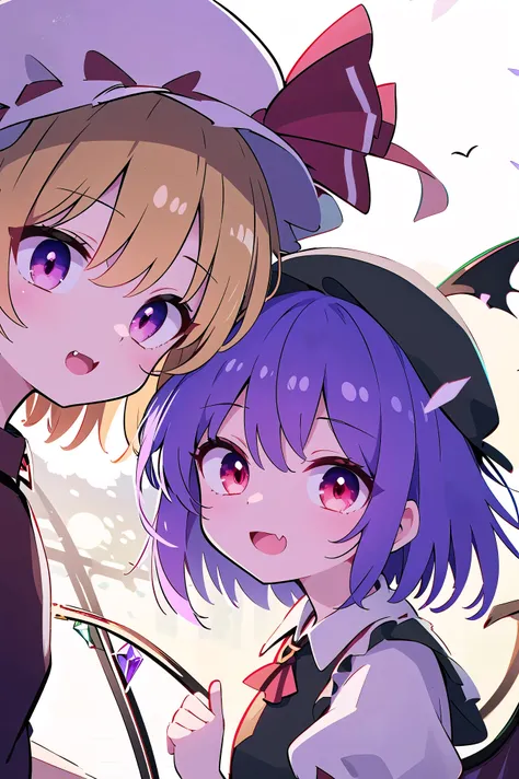 detailed background, masterpiece, Best Quality, Expressive、face up、Just the two of us、Two people、Just two people、two girl、flandre scarlet (Touhou), red eyes, short hair, medium hair, blonde hair, one side up, red eyes, slit pupils, fang, crystal wings, cry...