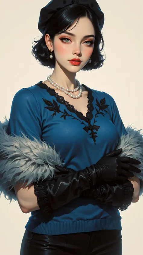 8k, Masterpiece, Top Quality, High-angle,  woman,  youthful, elegant,  red lipstick,  short bob,  blue sweater,  lace appliqué,  V-neck,  short sleeves, black beret,  long black gloves,  pearl necklace,  gray fur muff,  posed,  confident,  simple backgroun...