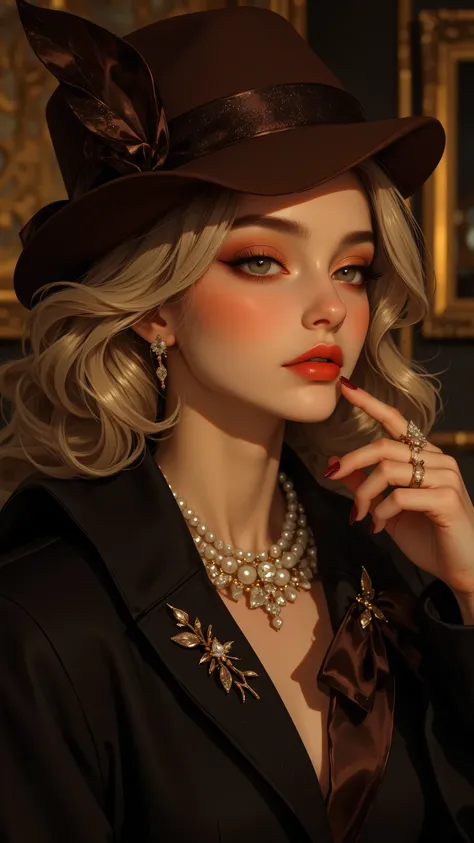 8k, Masterpiece, Top Quality, Close-up,  fair-skinned, dark eyebrows, dark red lips, blonde waves, brown hat, bow, black coat, brooch, gold, stones, pearl necklace, ring, compact, lipstick, thoughtful, demure, gold-toned, interior, luxurious, upscale, eleg...