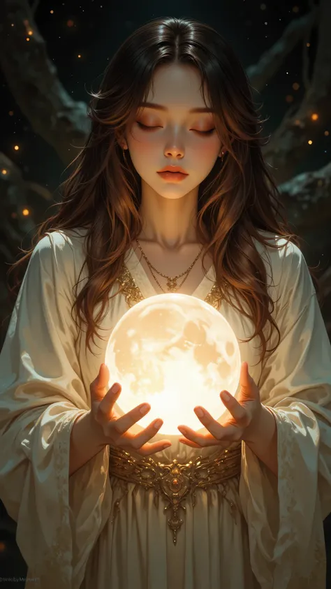 8k, Masterpiece, Top Quality, Close-up, serene, long brown hair, closed eyes, ethereal, glowing, translucent orb, hands, light-colored flowing clothing, dark blurry background, starry, hazy, mystical, calm, peaceful, muted pastel colors, browns, creams, go...