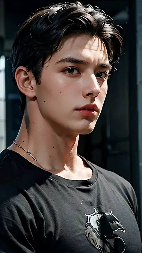 Young Bruce Wayne man black hair, big muscular body, black t-shirt, in a dark room closeup face short very 