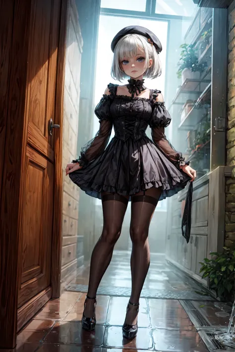 ３０Generation of women　Gothic Lolita　miniskirt　pantyhose　high heels　full body　bob cut standing beret　the whole body is soaked