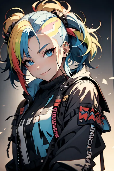  Young , with two side ponytails, multicolored blond and blue hair,   mean smile,   psychopath, punk (()) (( masterpiece)) (( detailed)) 